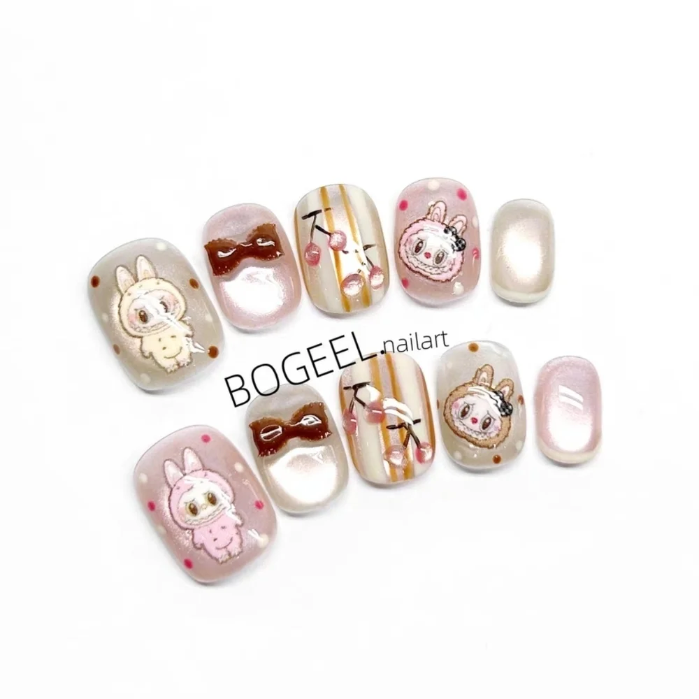 ​Labubu The Monsters Press On Nails Kawaii Pink & Brown 3D Bow Nail Art Size M